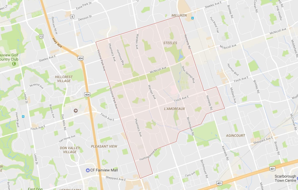 Kort af Ég'Amoreaux hverfinu Toronto