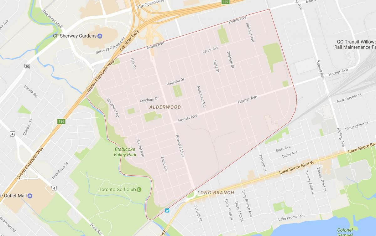 Kort af Alderwood Parkview hverfinu Toronto