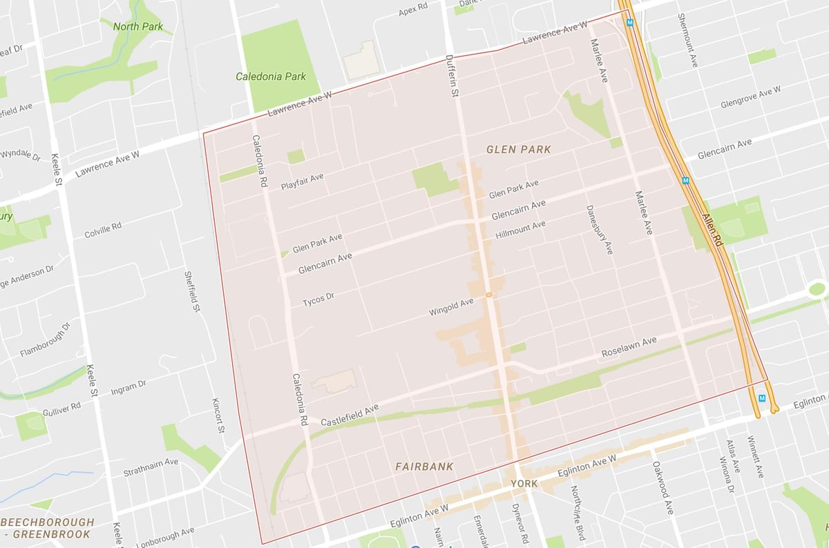 Kort af Briar Hill–Belgravia hverfinu Toronto