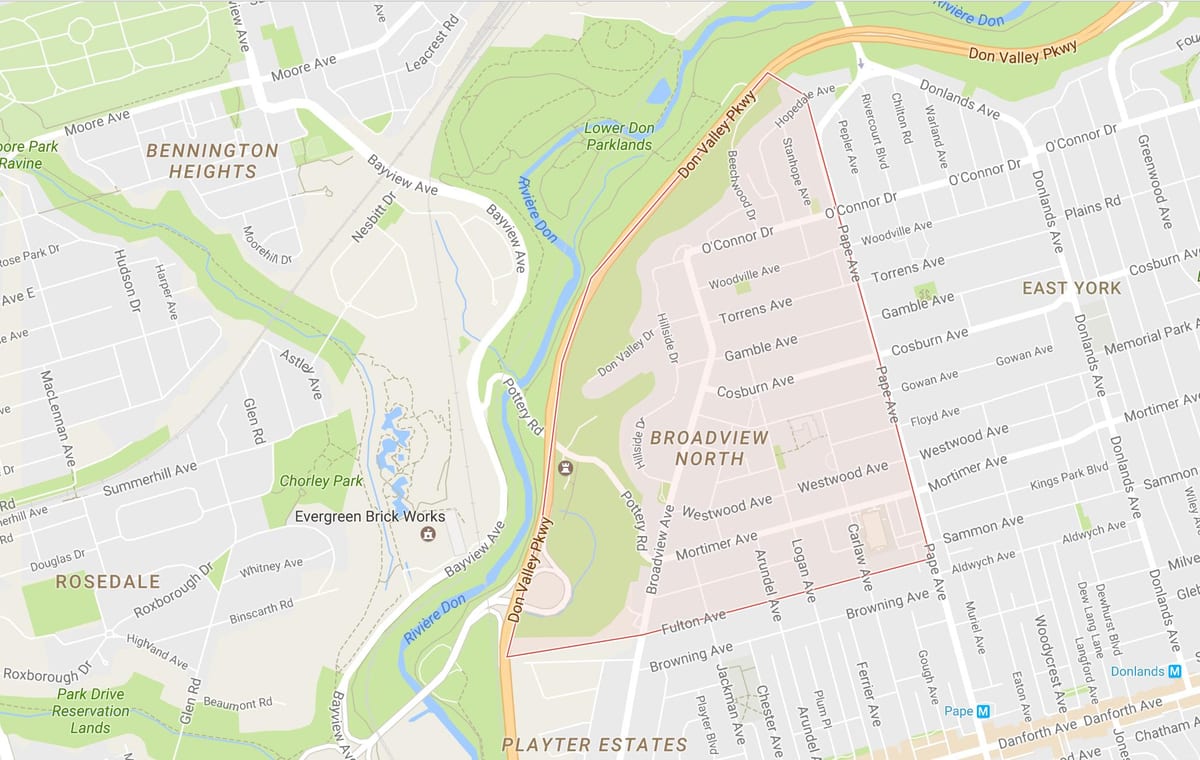Kort af Broadview Norður hverfinu Toronto