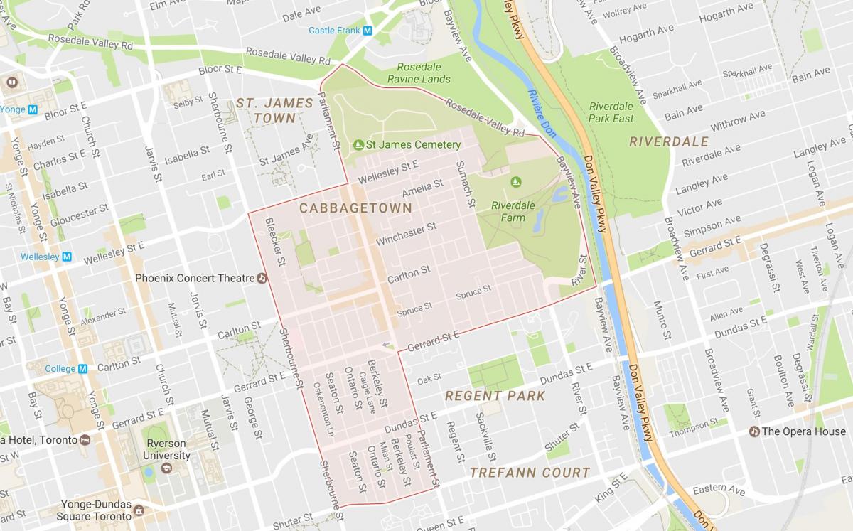 Kort af Cabbagetown hverfinu Toronto
