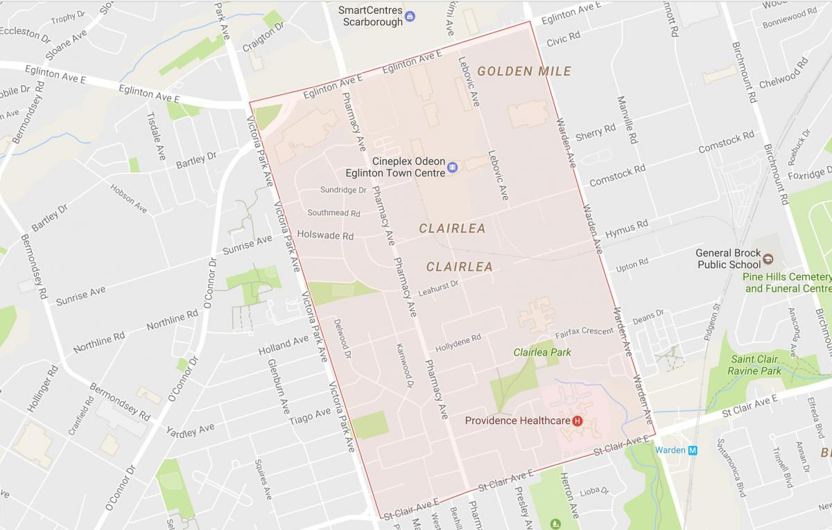 Kort af Clairlea hverfinu Toronto