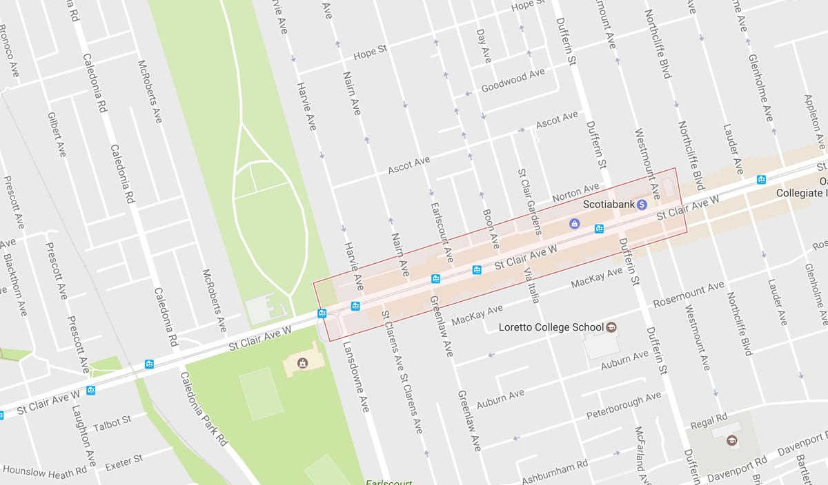 Kort af Corso Ítalía hverfinu Toronto