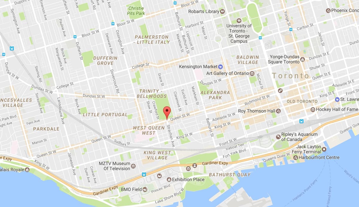 Kort af Drottning Götu Vestur hverfinu Toronto