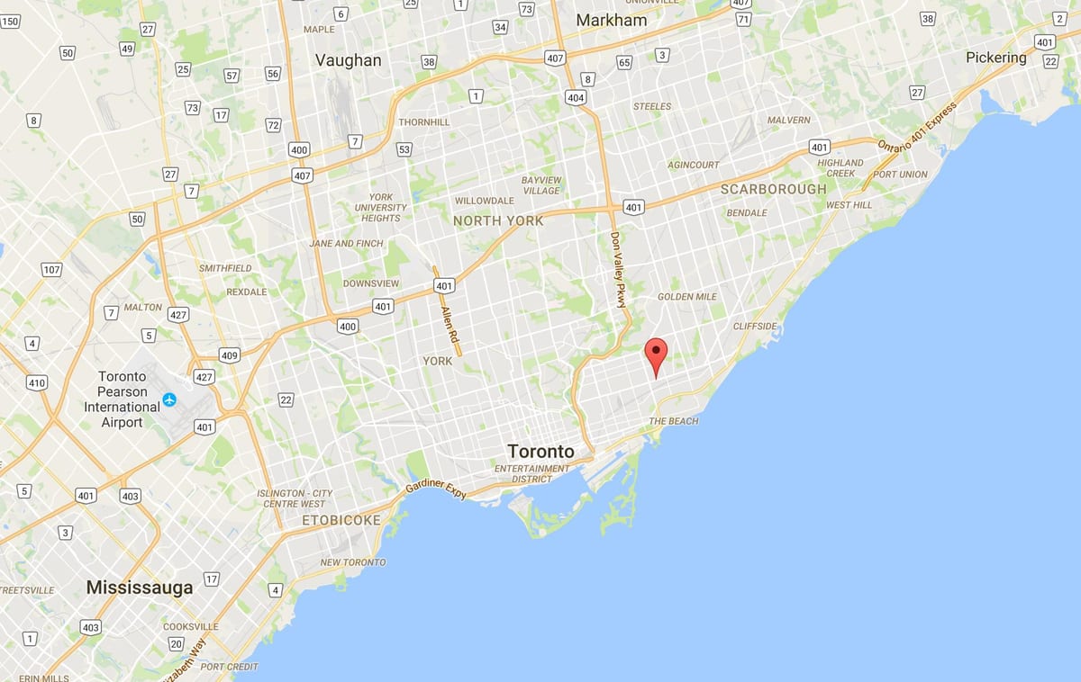 Kort af Austur Danforth umdæmi Toronto