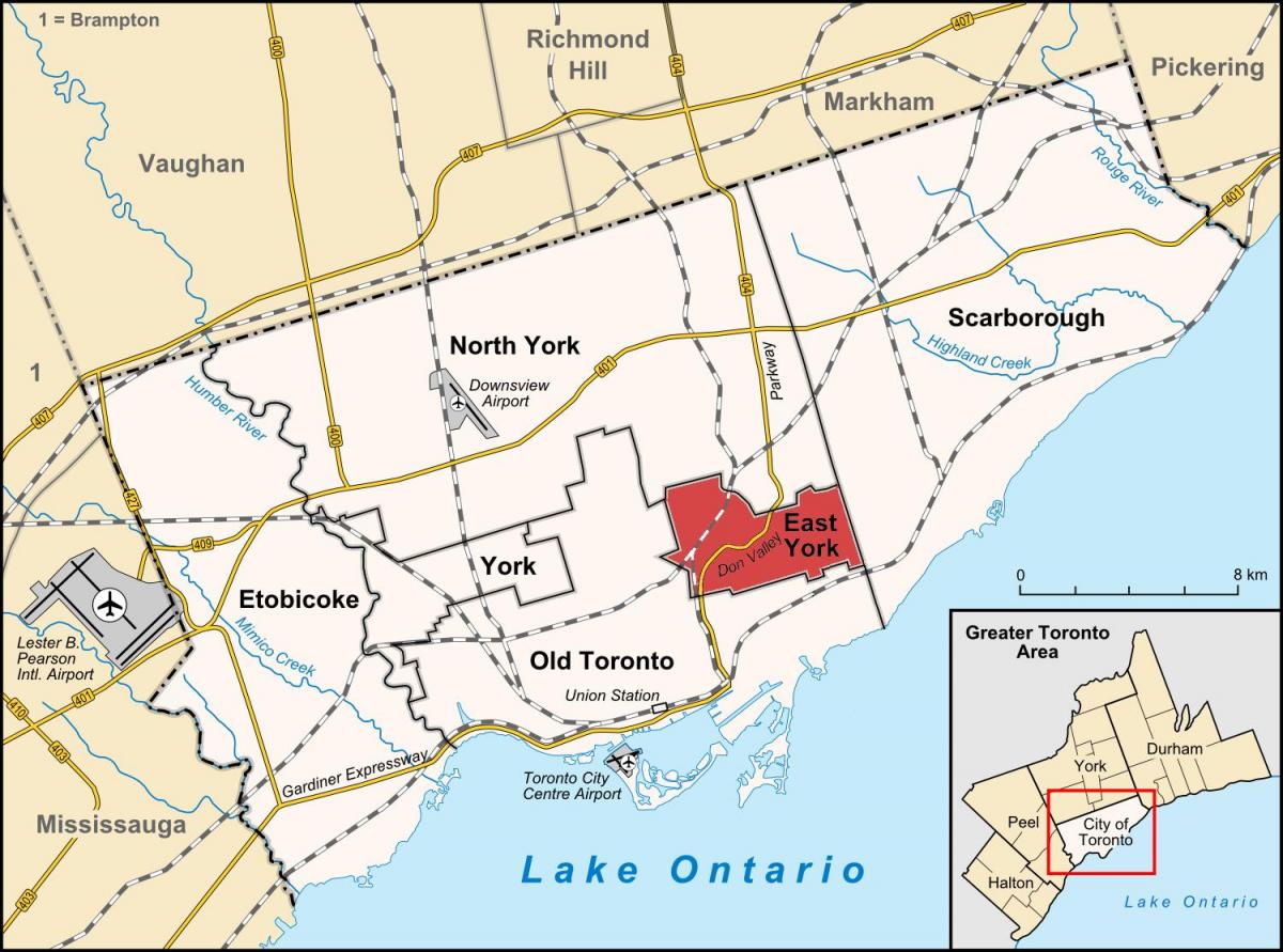 Kort af Austur York Toronto