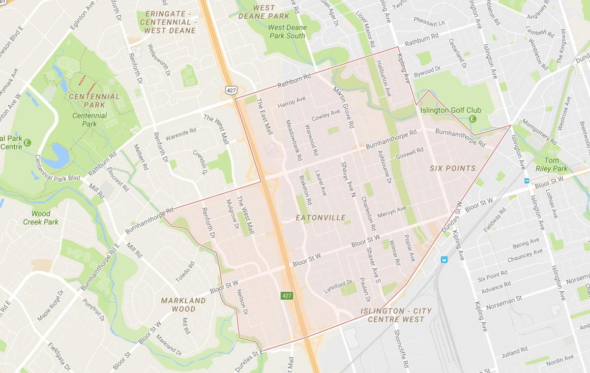 Kort af Eatonville hverfinu Toronto