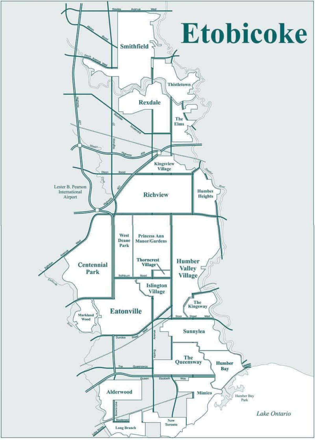 Kort af Etobicoke hverfinu Toronto