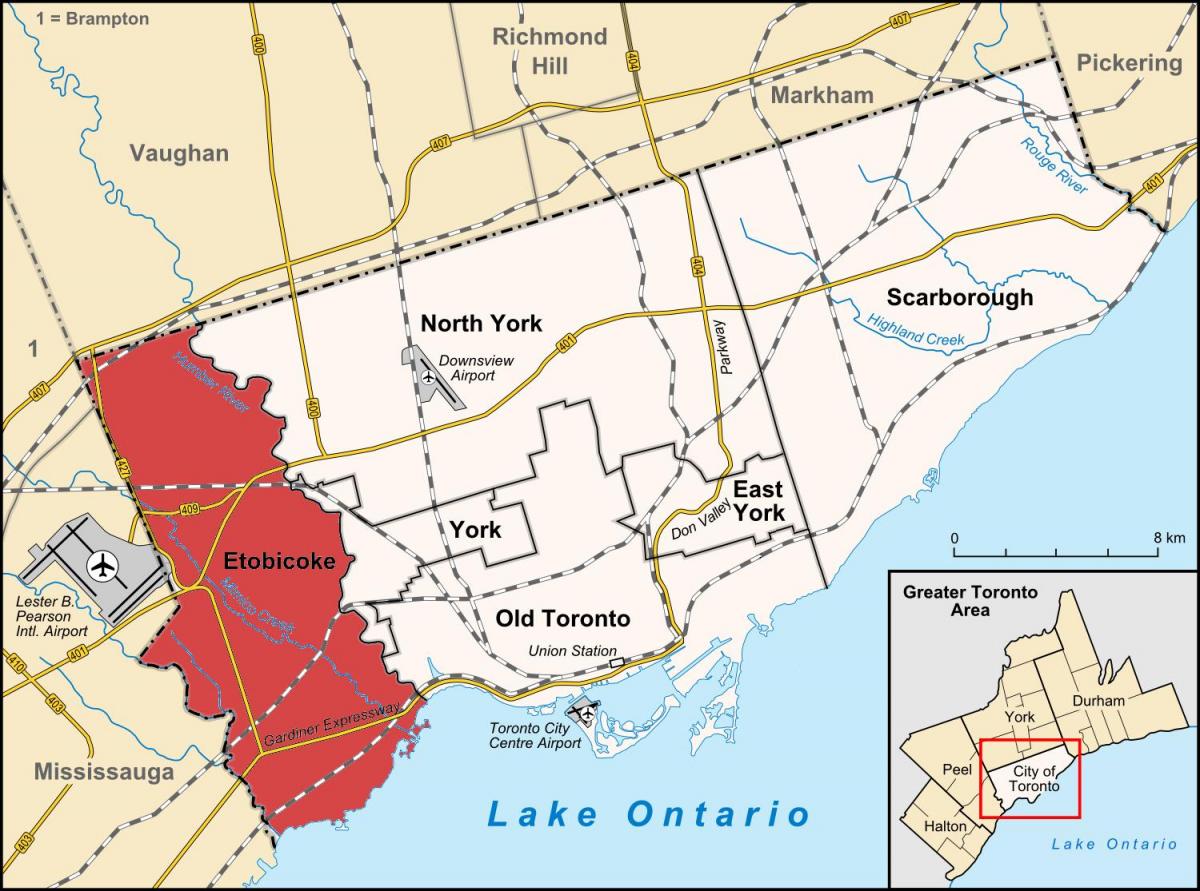 Kort af Etobicoke umdæmi Toronto