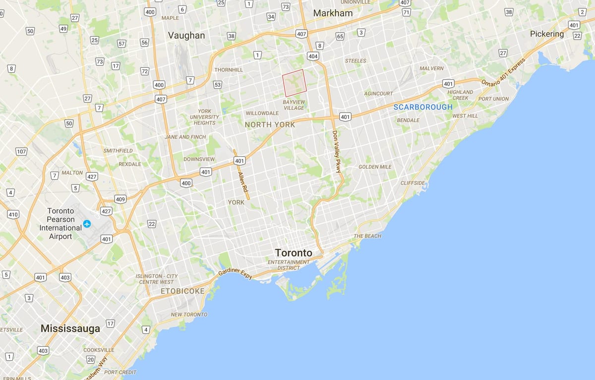Kort af evergreen laurel Skóginum – Steeles umdæmi Toronto