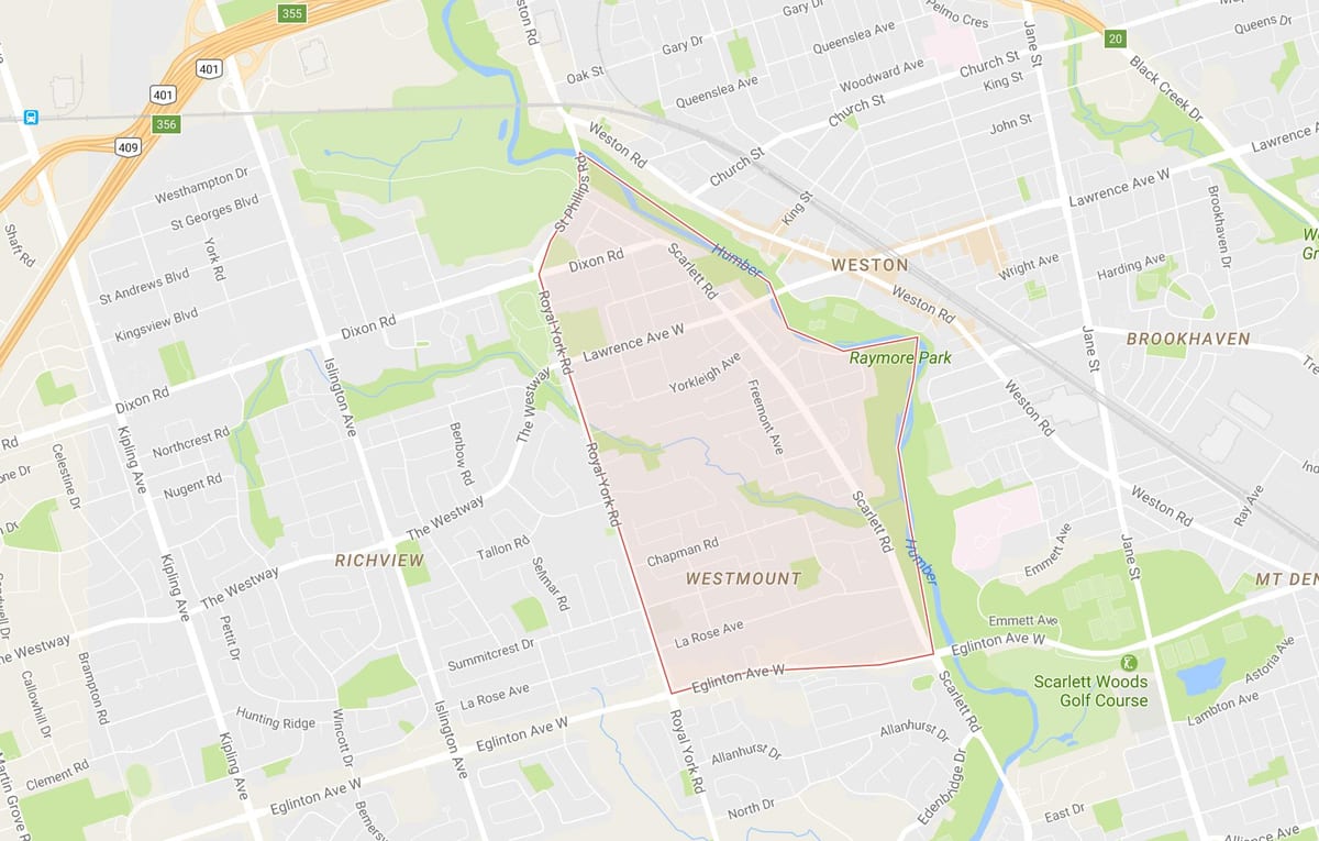 Kort af gamlar byggingar Heights – Westmount hverfinu Toronto