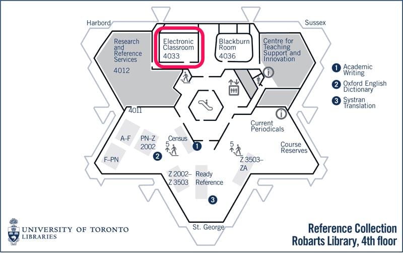 Kort af háskólann í Toronto Robarts bókasafn rafræn skólastofunni