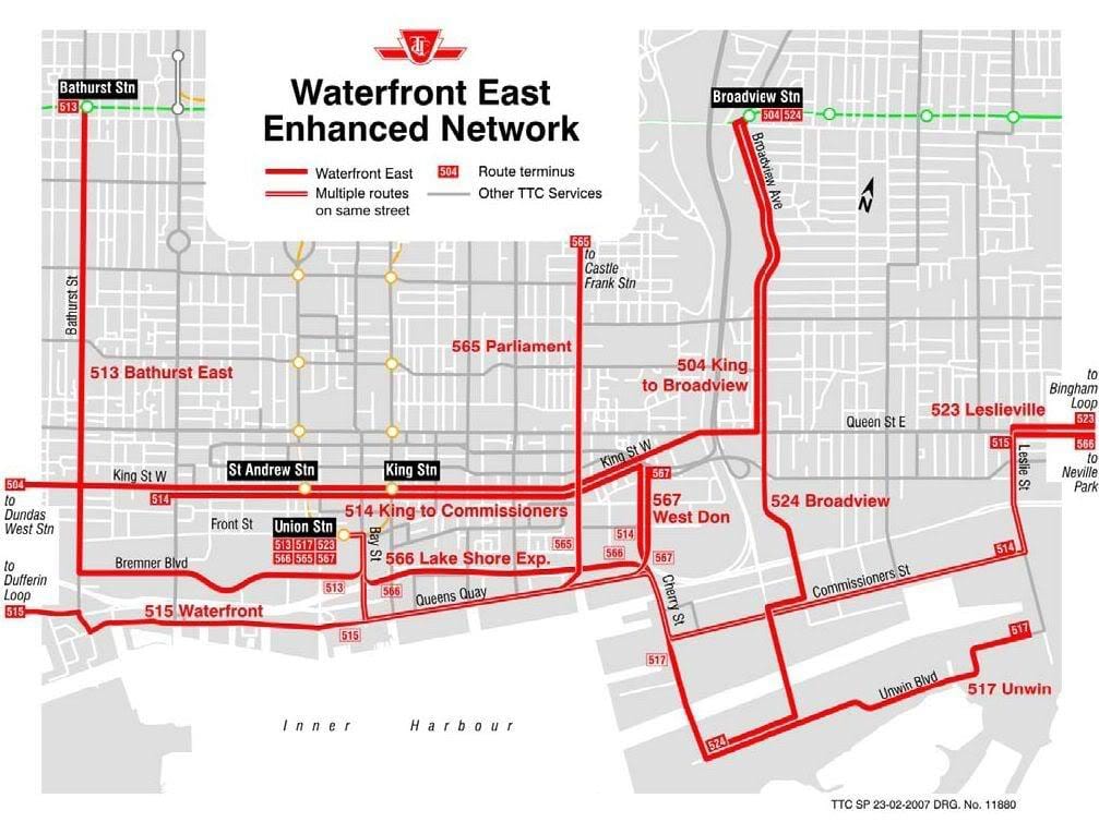 Kort af Höfnina Austur auka net Toronto