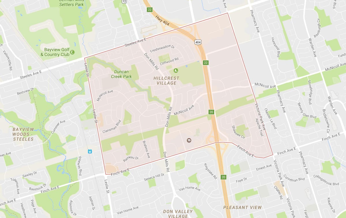 Kort af Hillcrest Þorpinu hverfinu Toronto