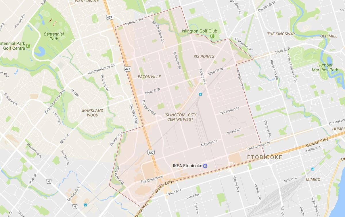 Kort af Islington-Miðborg West hverfinu Toronto