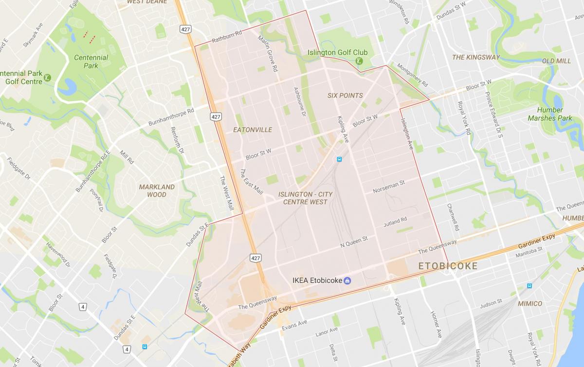Kort af Islington-Miðborg West hverfinu Toronto