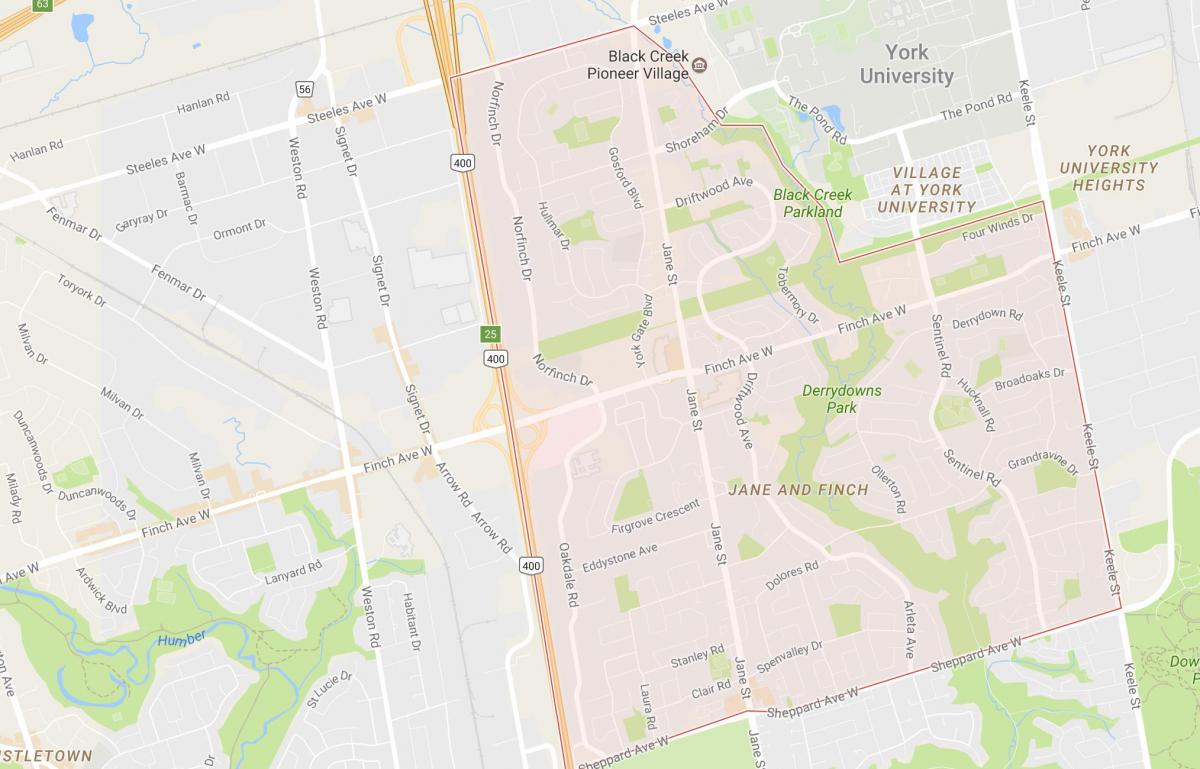 Kort af Jane og Finch hverfinu Toronto