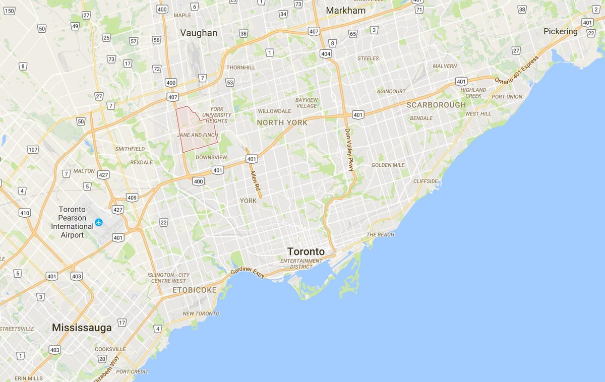 Kort af Jane og Finch umdæmi Toronto
