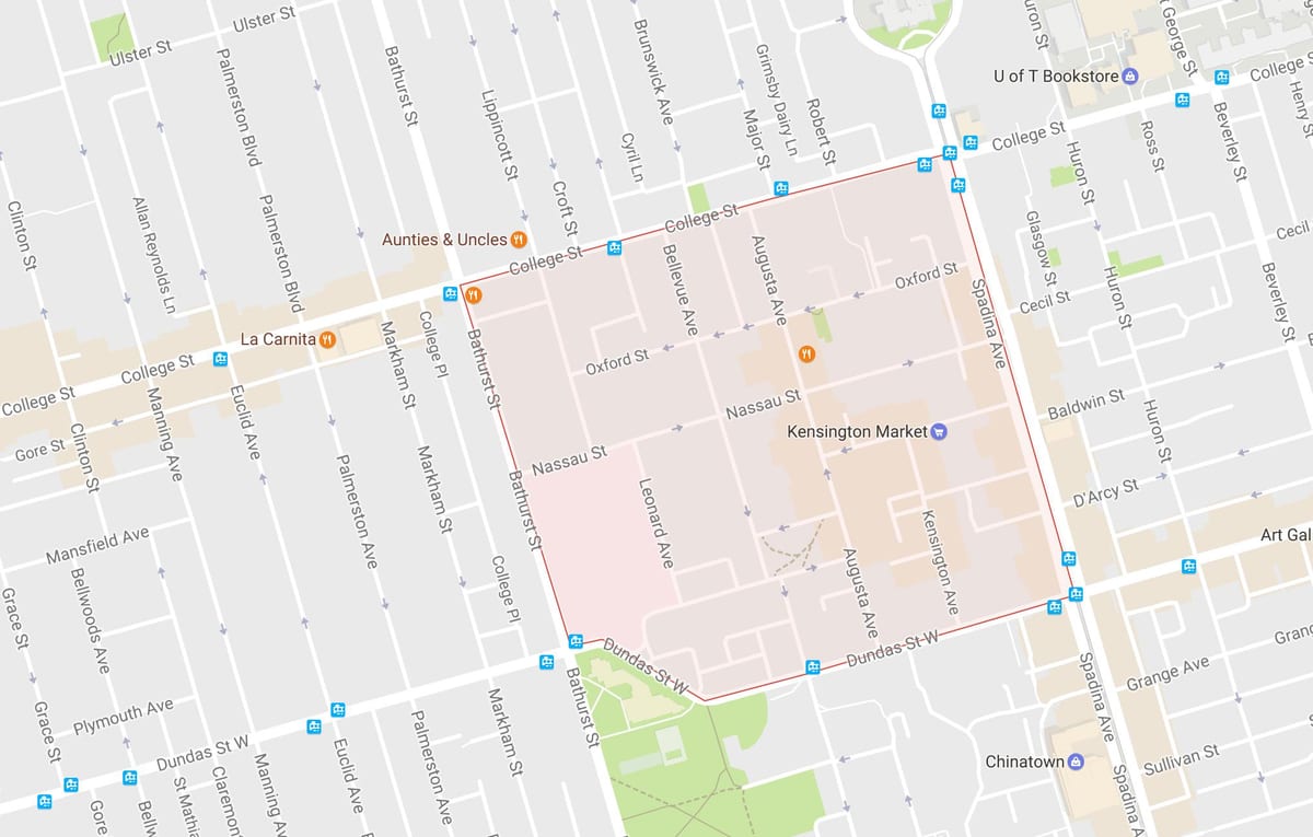 Kort af Kensington Markaði hverfinu Toronto