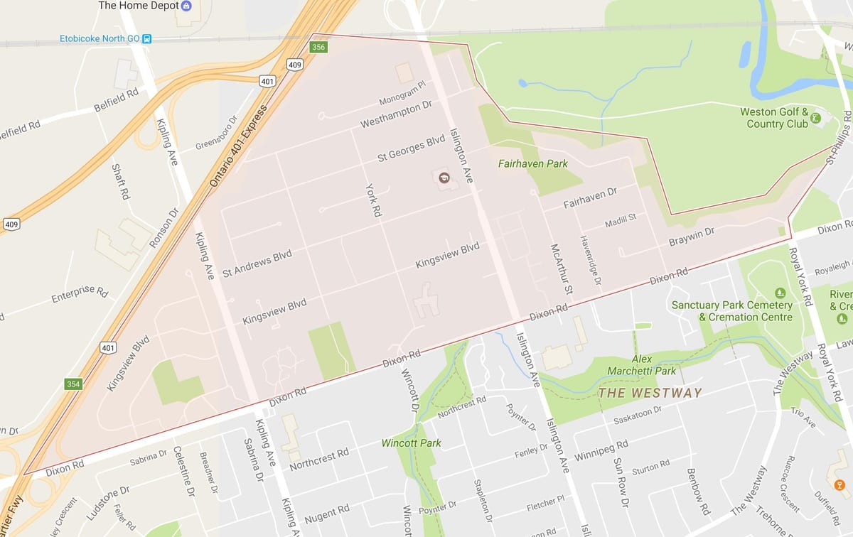 Kort af Kingsview Þorpinu hverfinu Toronto