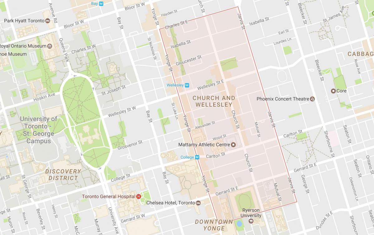 Kort af Kirkjunni og Wellesley hverfinu Toronto