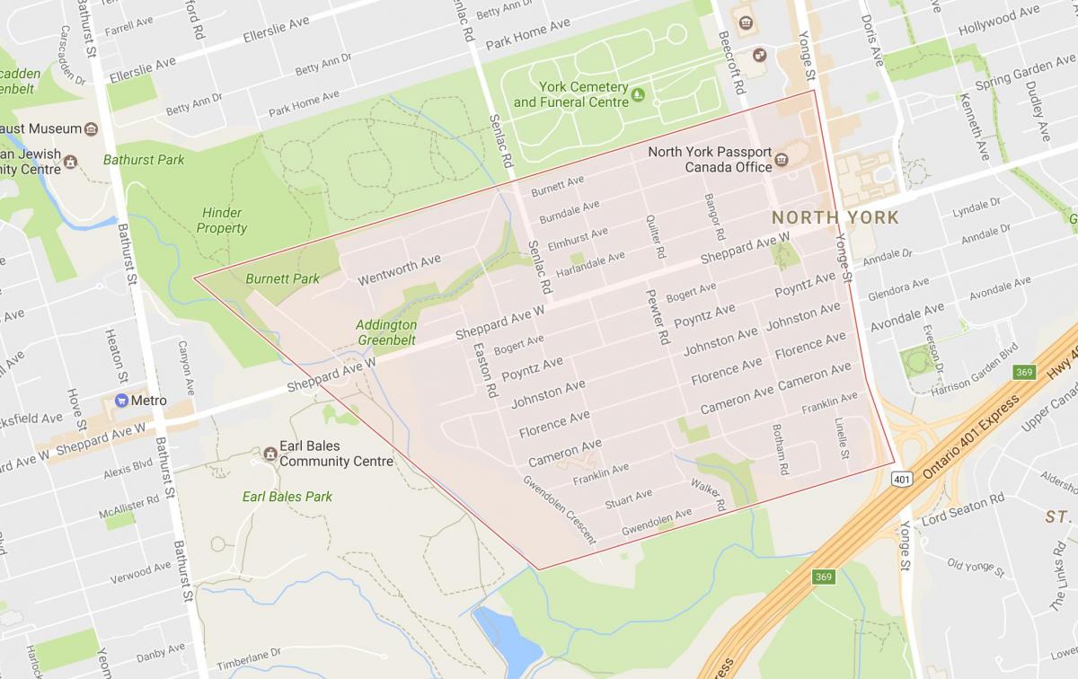 Kort af Lansing hverfinu Toronto