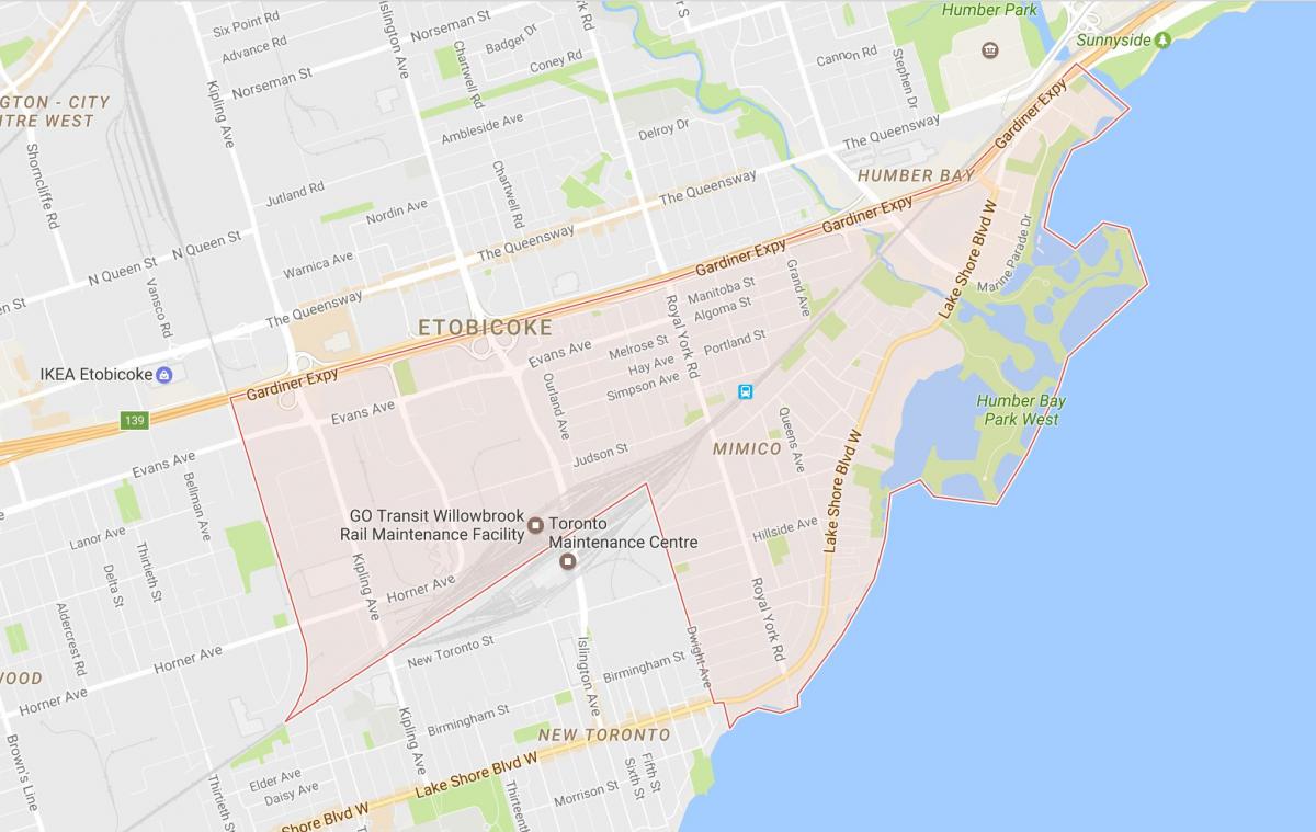 Kort af Mimico hverfinu Toronto