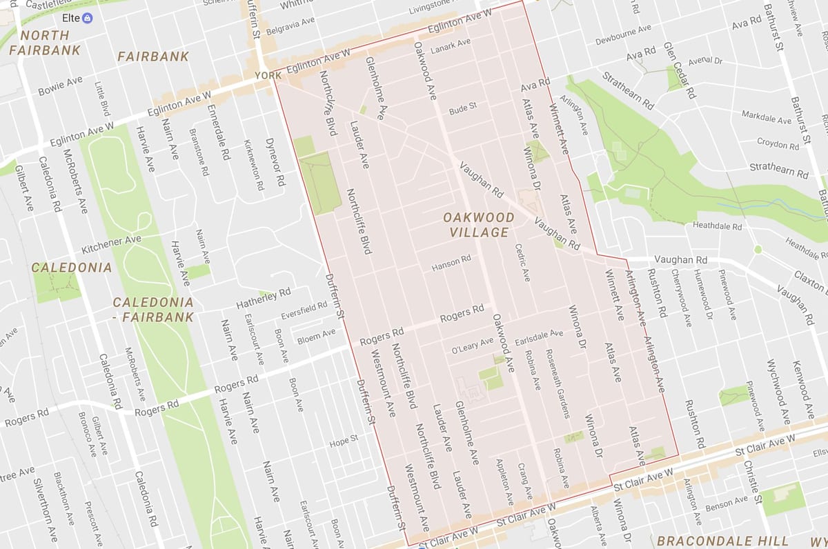 Kort af Oakwood–Vaughan hverfinu Toronto