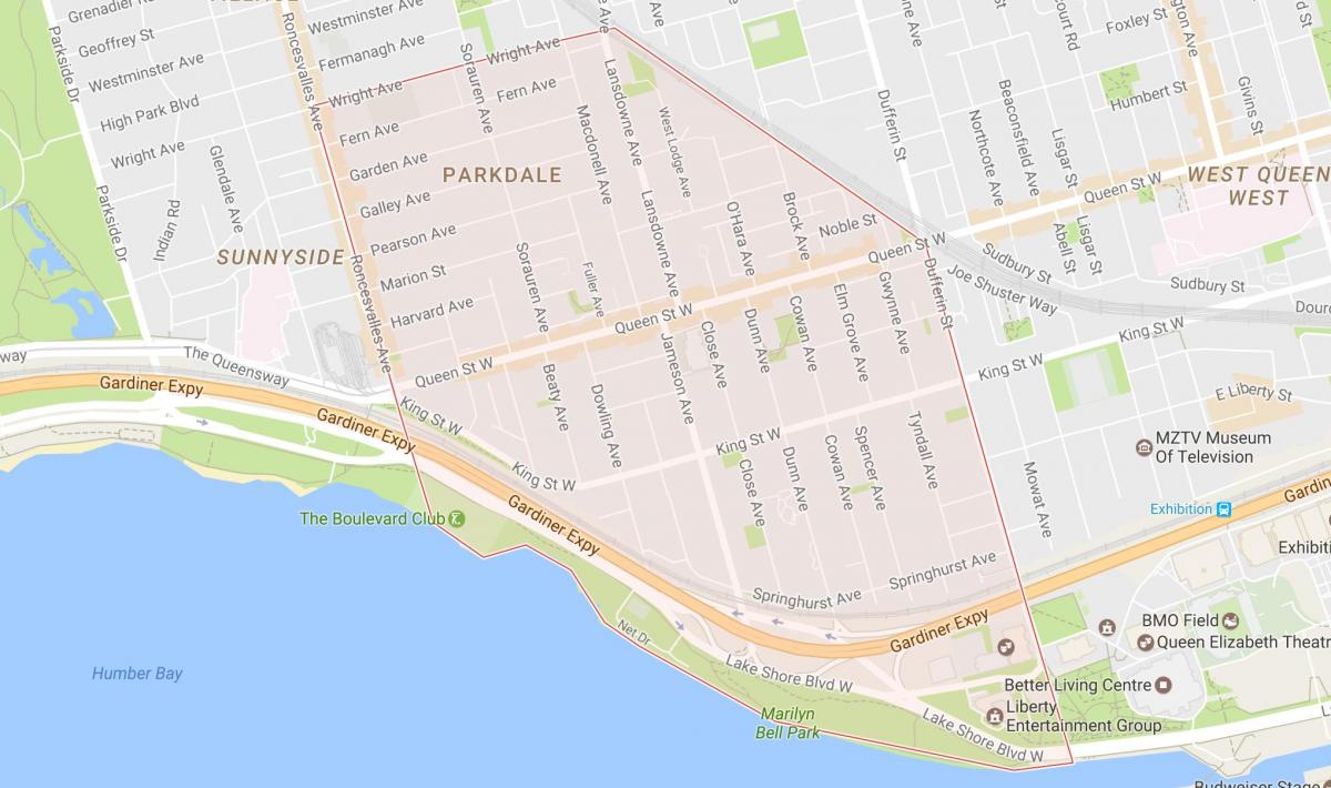 Kort af Parkdale hverfinu Toronto