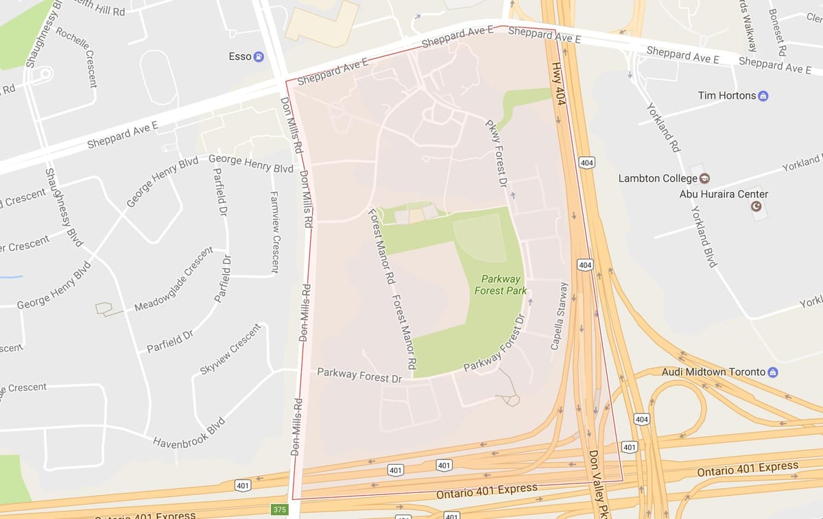 Kort af Parkway Skóginum hverfinu Toronto