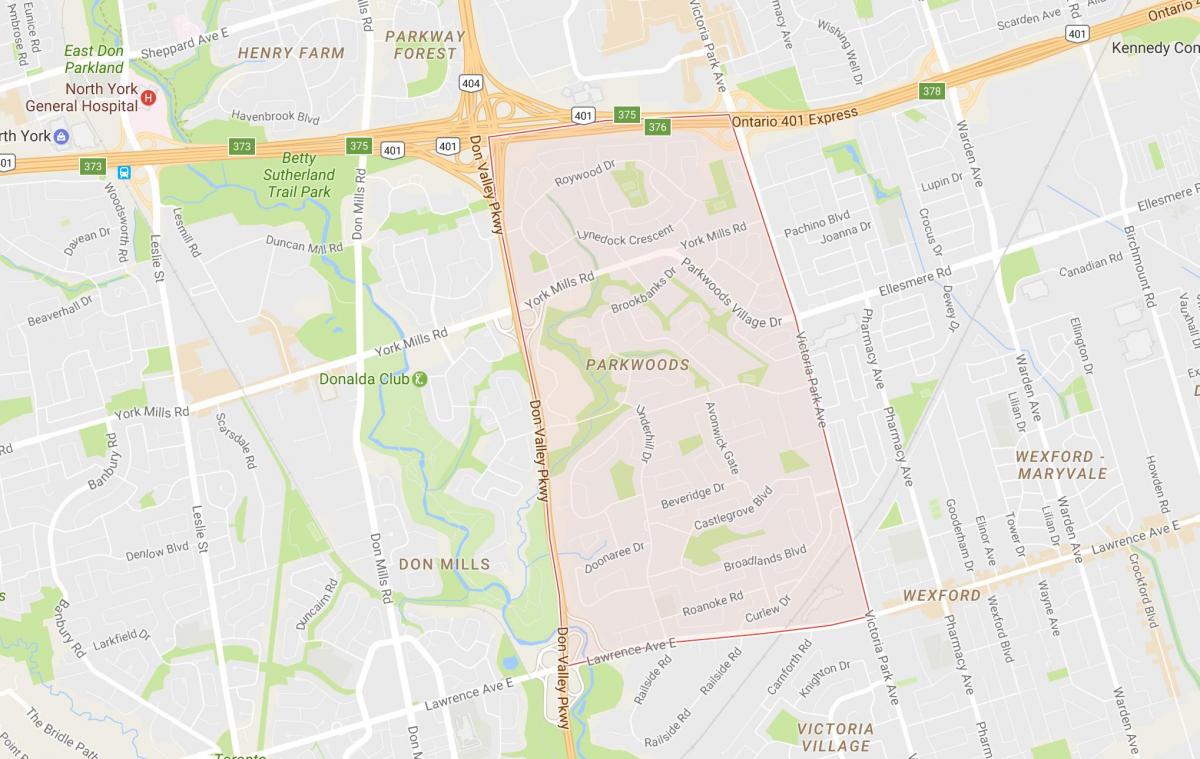 Kort af Parkwoods hverfinu Toronto