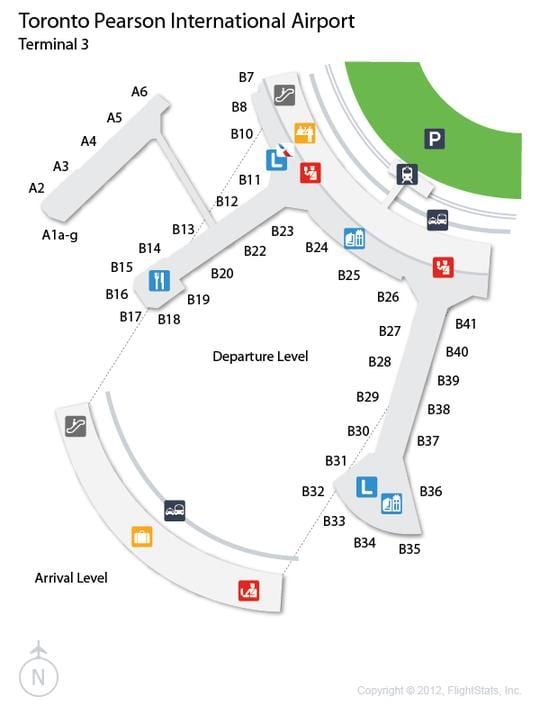 Kort af Pearson-flugvöllur komu terminal 3 stig