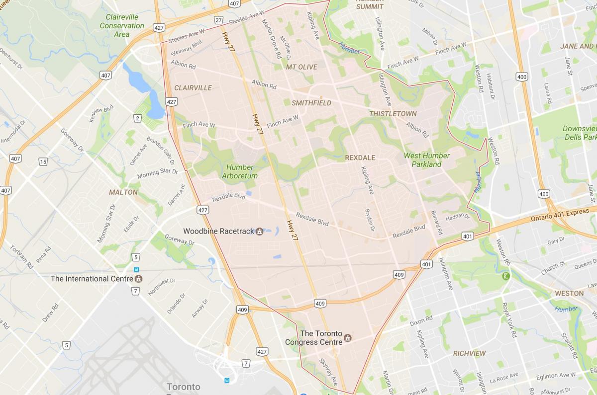 Kort af Rexdale hverfinu Toronto