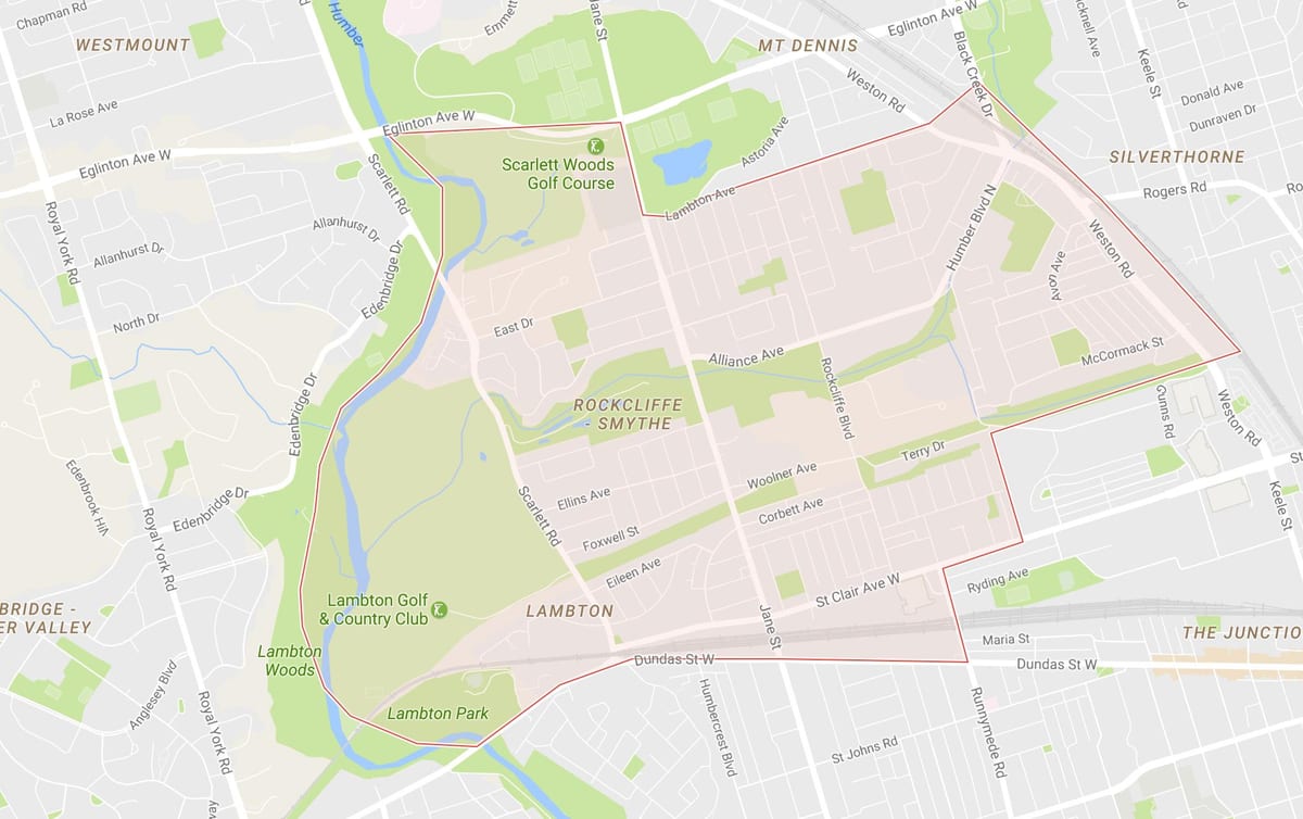 Kort af Rockcliffe–Smythe hverfinu Toronto