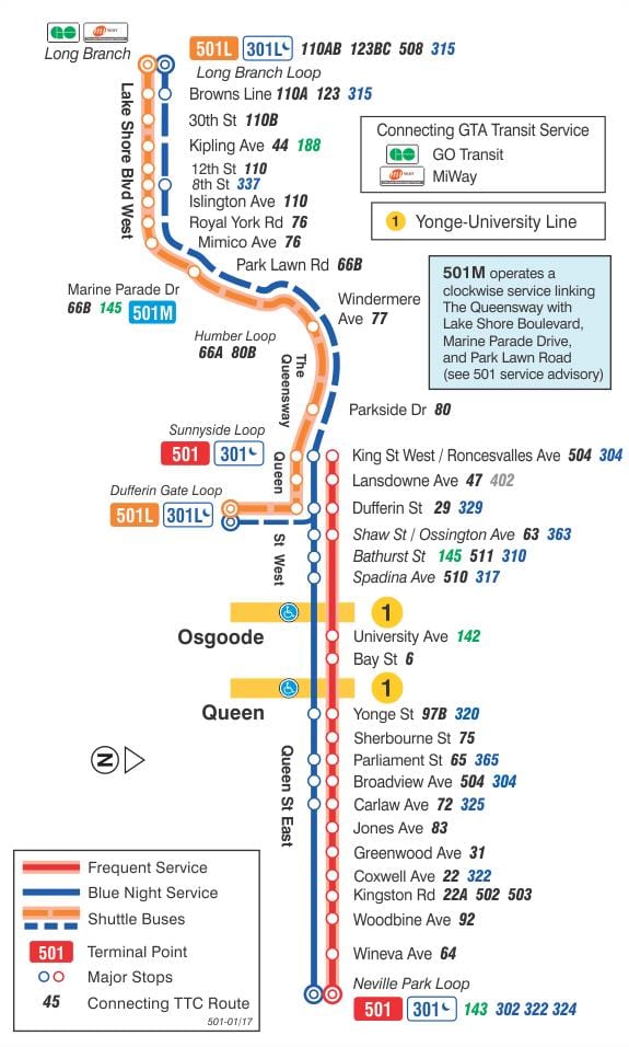 Kort af strætisvagni línu 501 Queen