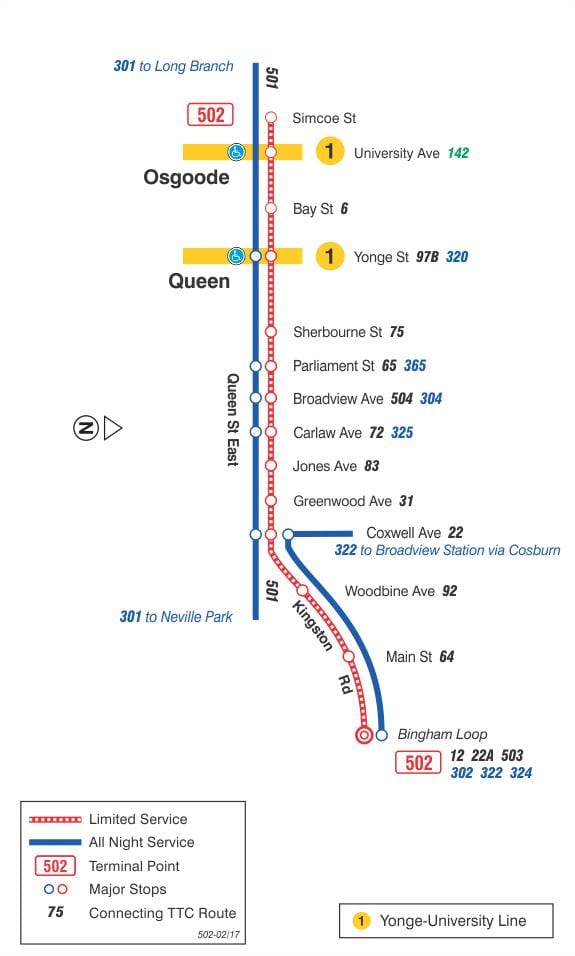 Kort af strætisvagni línu 502 Downtowner