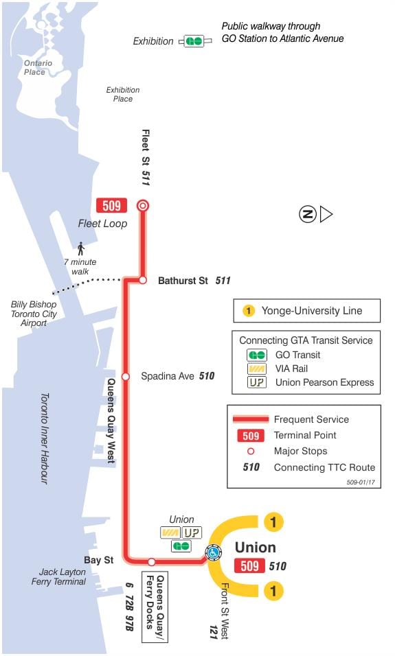 Kort af strætisvagni línu 509 toronto, on