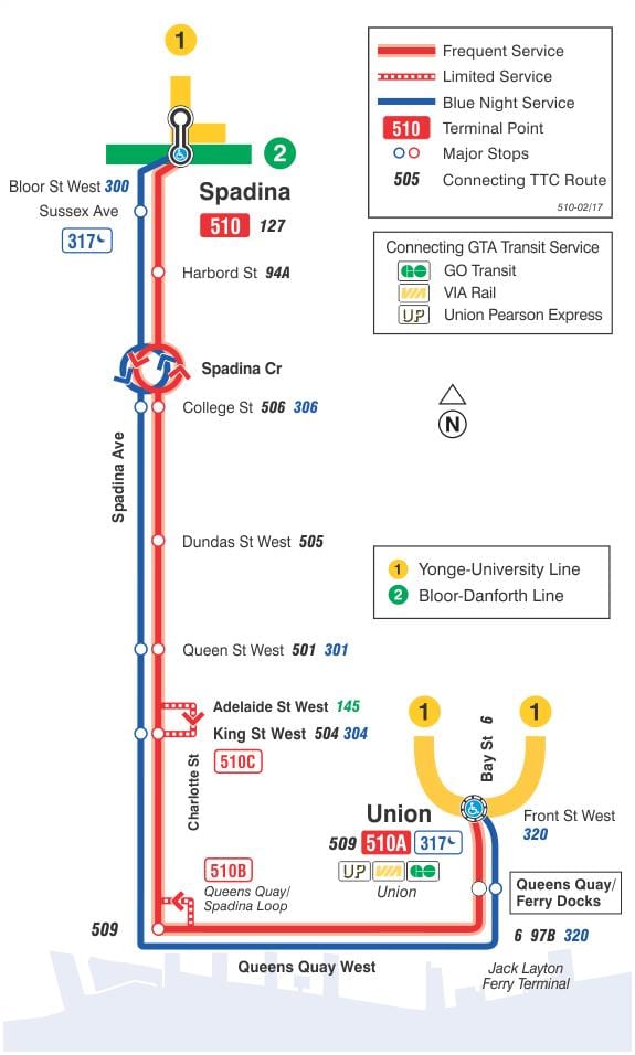 Kort af strætisvagni línu 510 Spadina