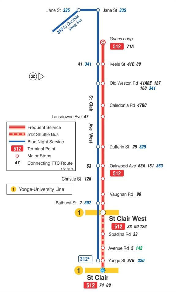 Kort af strætisvagni línu 512 St Clair