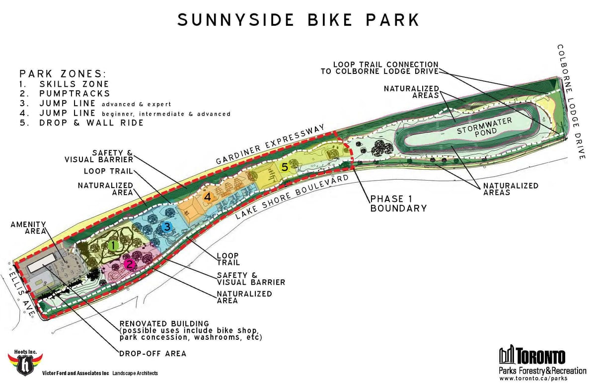 Kort af Sunnyside Hjólinu Park svæði Toronto