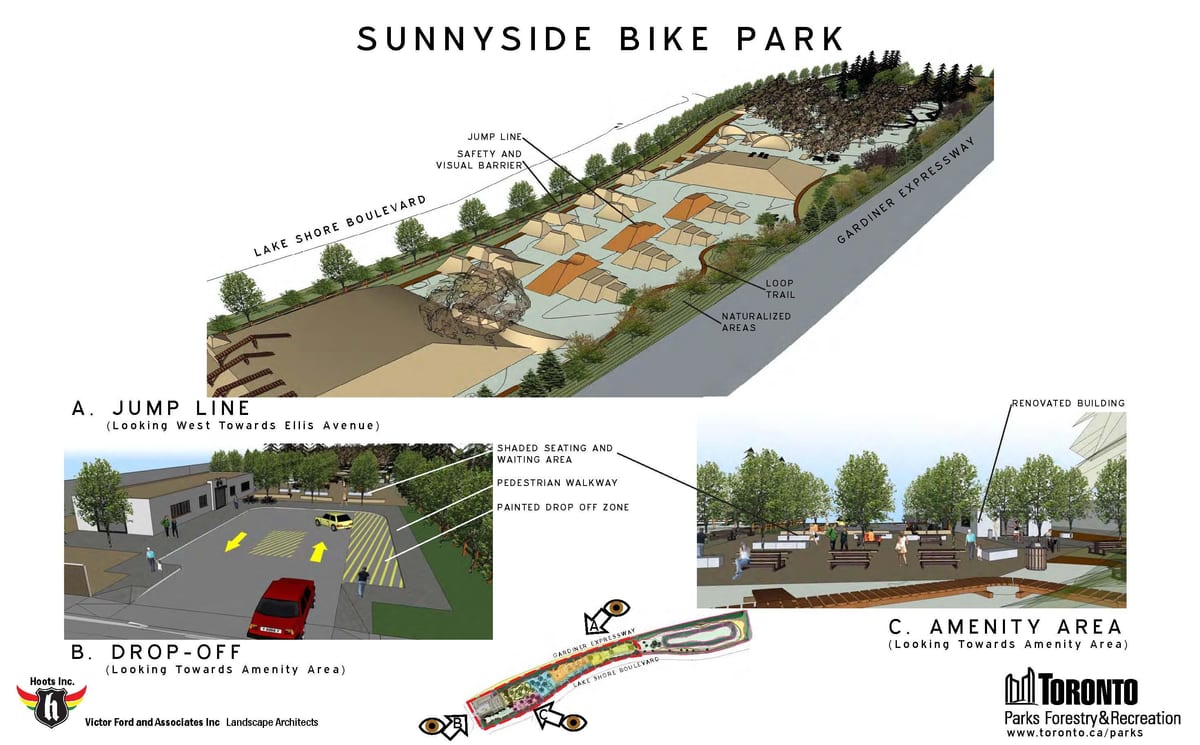 Kort af Sunnyside hjólinu park Toronto hoppa línu