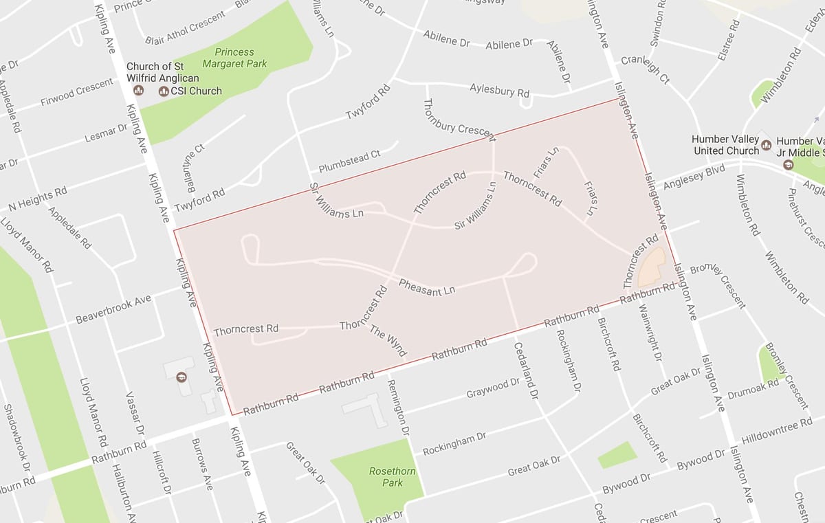 Kort af Thorncrest Þorpinu hverfinu hverfinu Toronto
