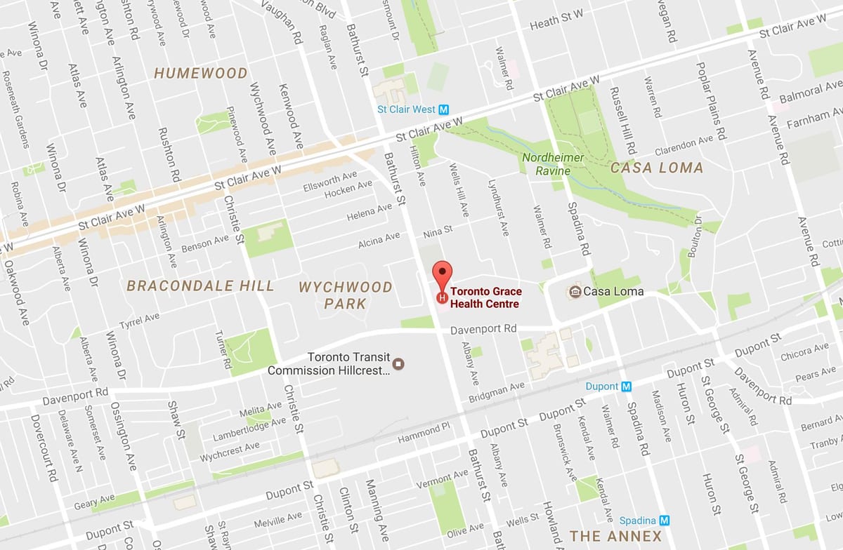 Kort af Toronto Náð heilsugæslustöð