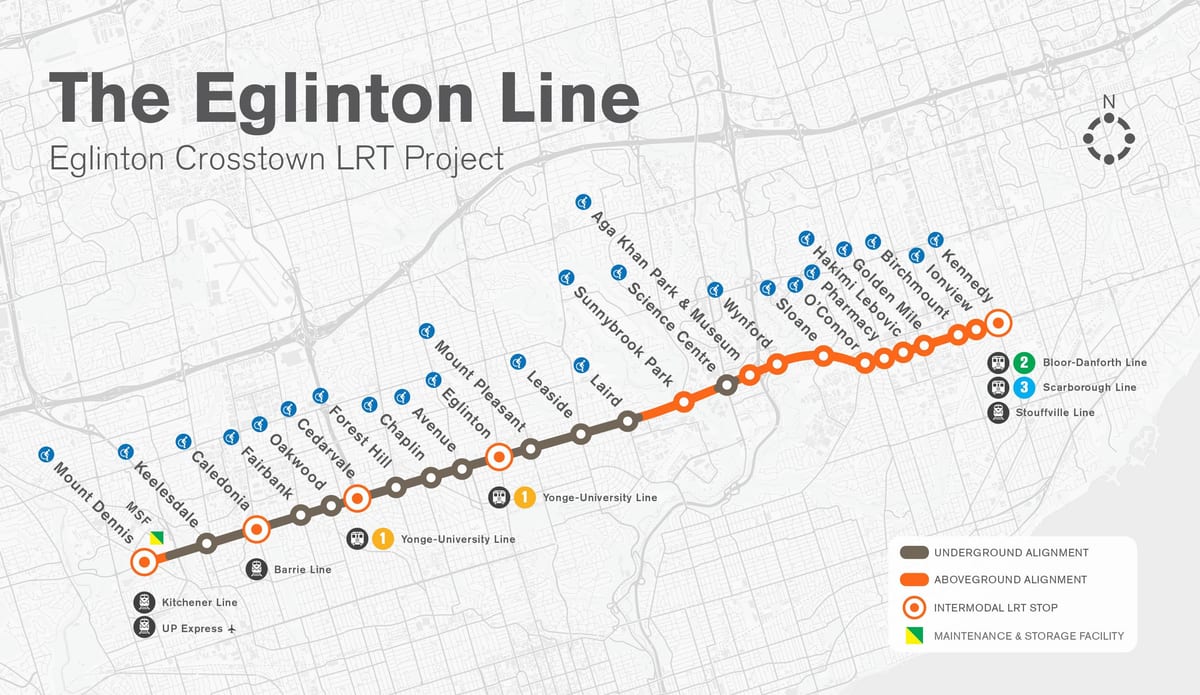 Kort af Toronto neðanjarðarlestinni Eglinton línu verkefni