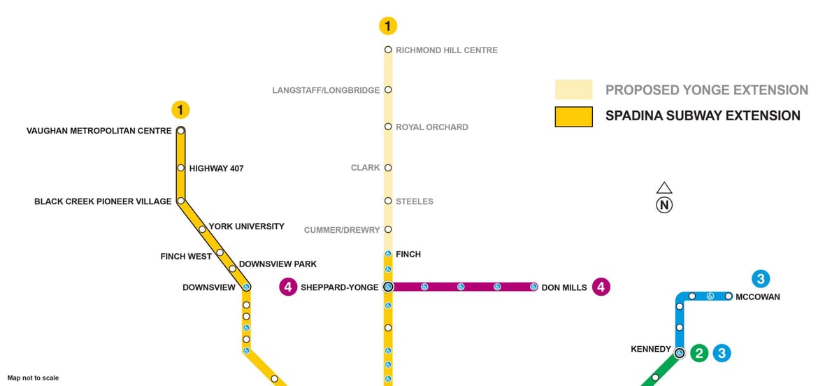Kort af Toronto neðanjarðarlestinni framlengingu