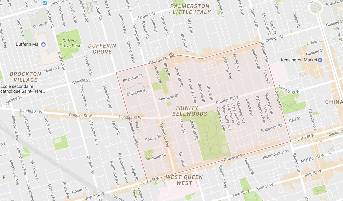 Kort af Trinity–Bellwoods hverfinu Toronto
