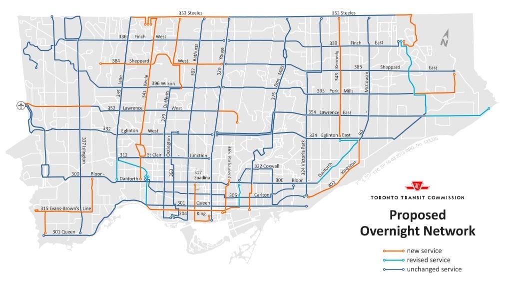 Kort af TTC á einni nóttu net Toronto