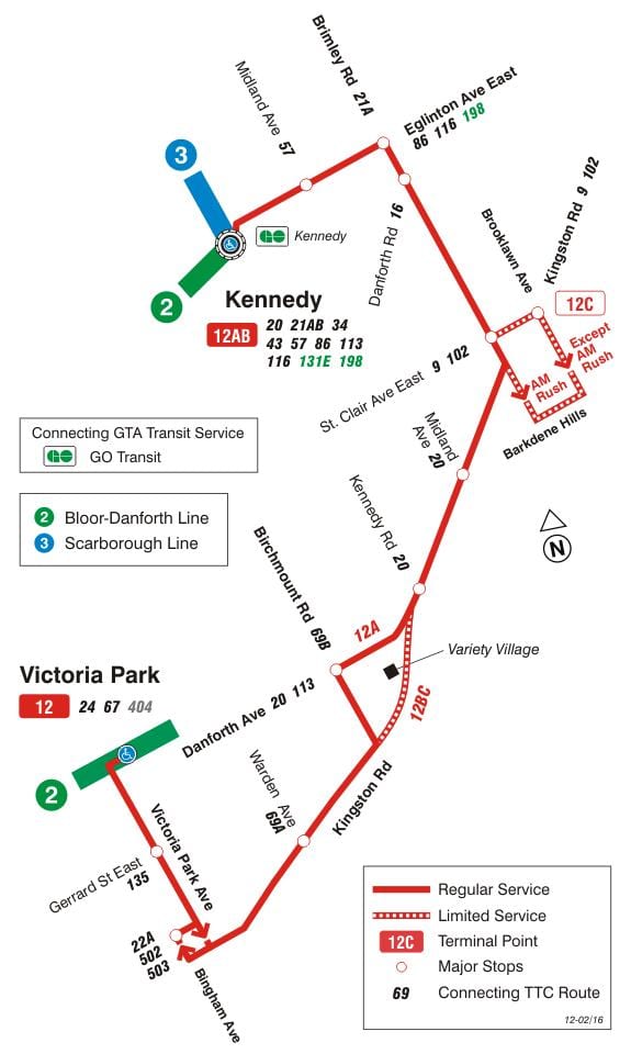Kort af TTC 12 Kingston Rd strætó leið Toronto