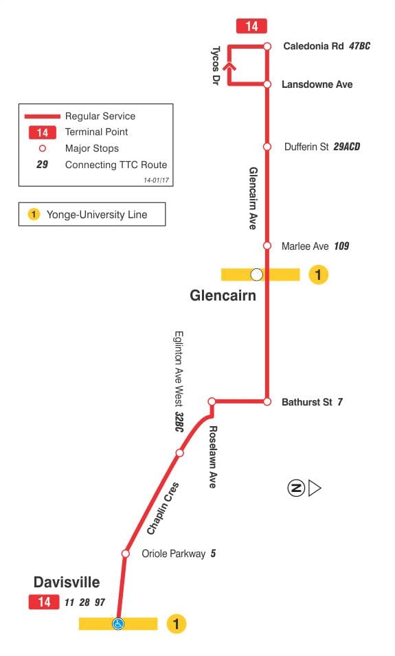 Kort af TTC 14 Glencairn strætó leið Toronto