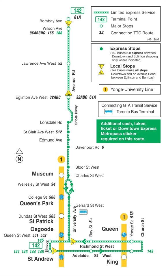 Kort af TTC 142 Miðbær / Avenue Rd Tjá strætó leið Toronto